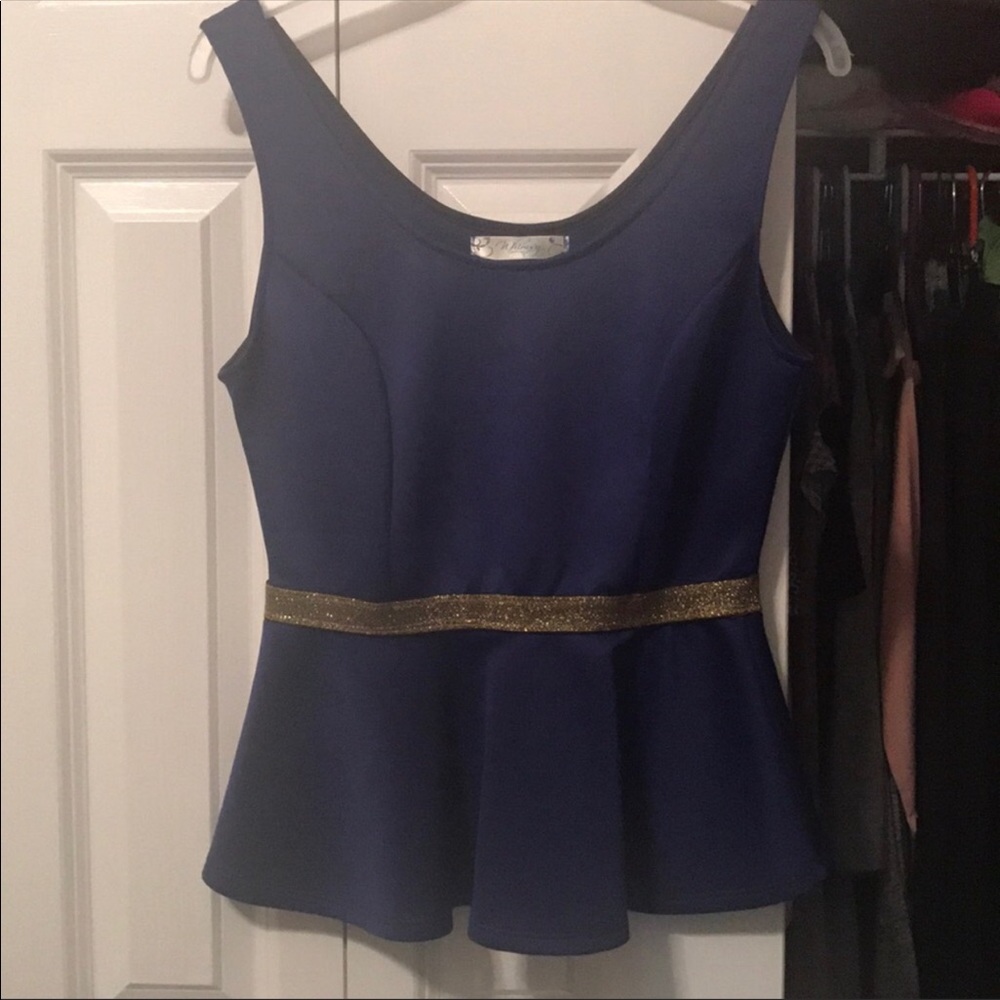 NWOT Blue Peplum Top with Gold Sparkly Band